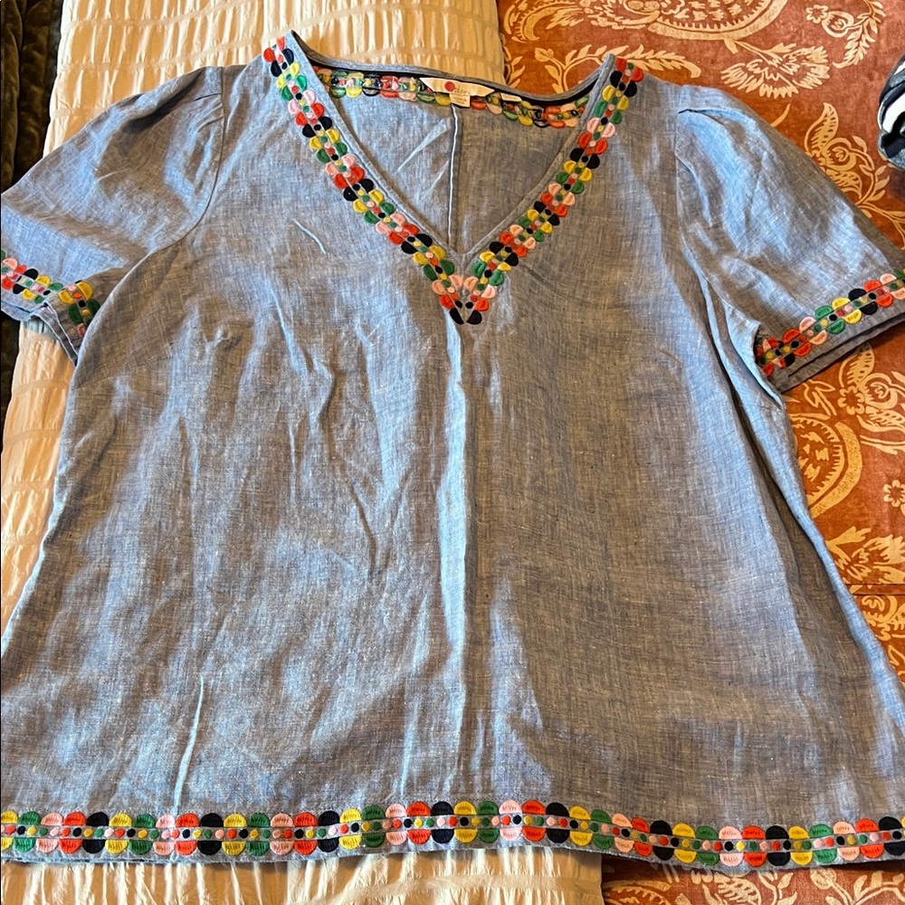Boden Blue Top with Multicolor Embroidery